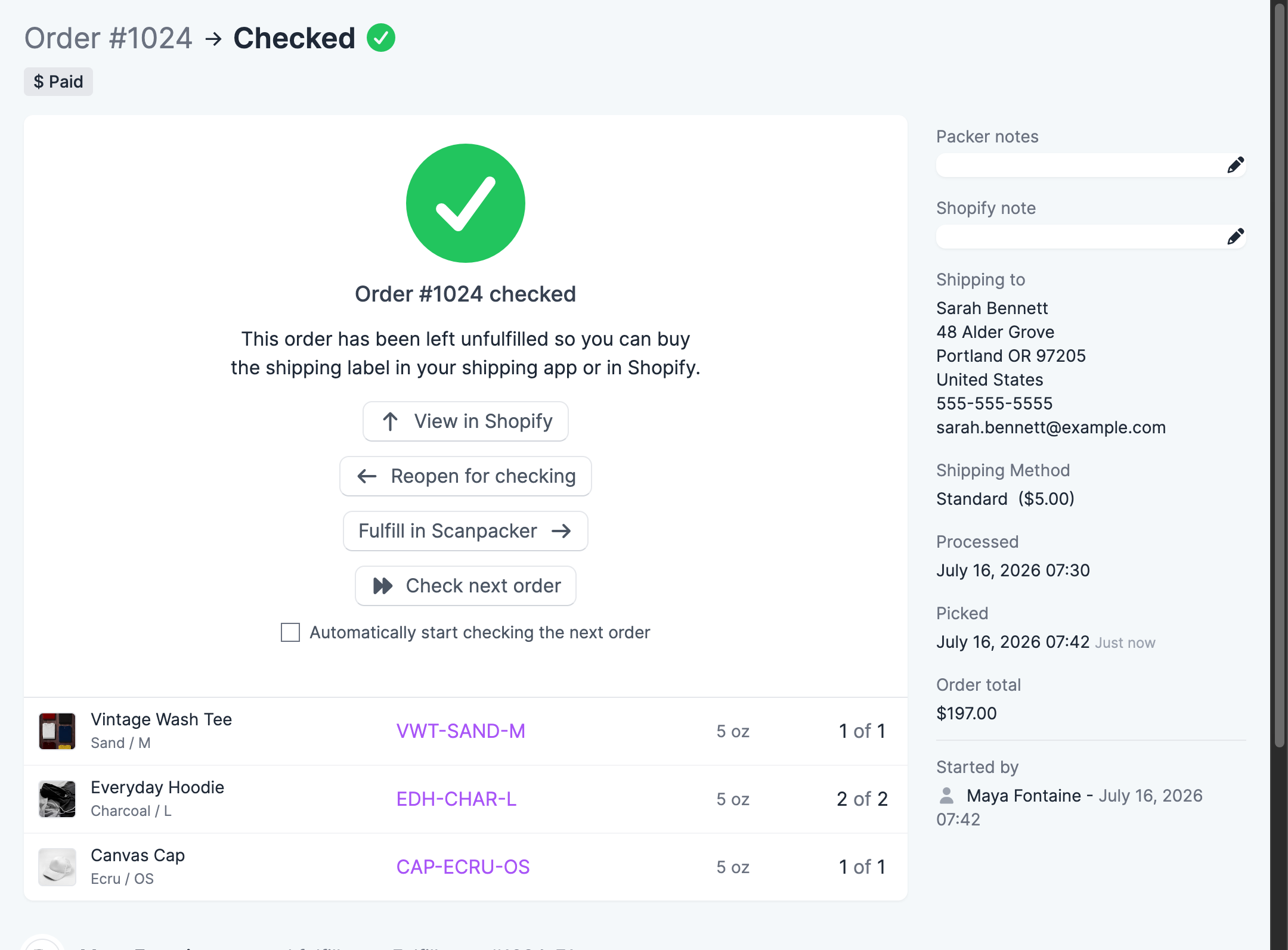 The Checked confirmation screen shown in check-only mode, with the available next-step buttons and the auto-advance checkbox