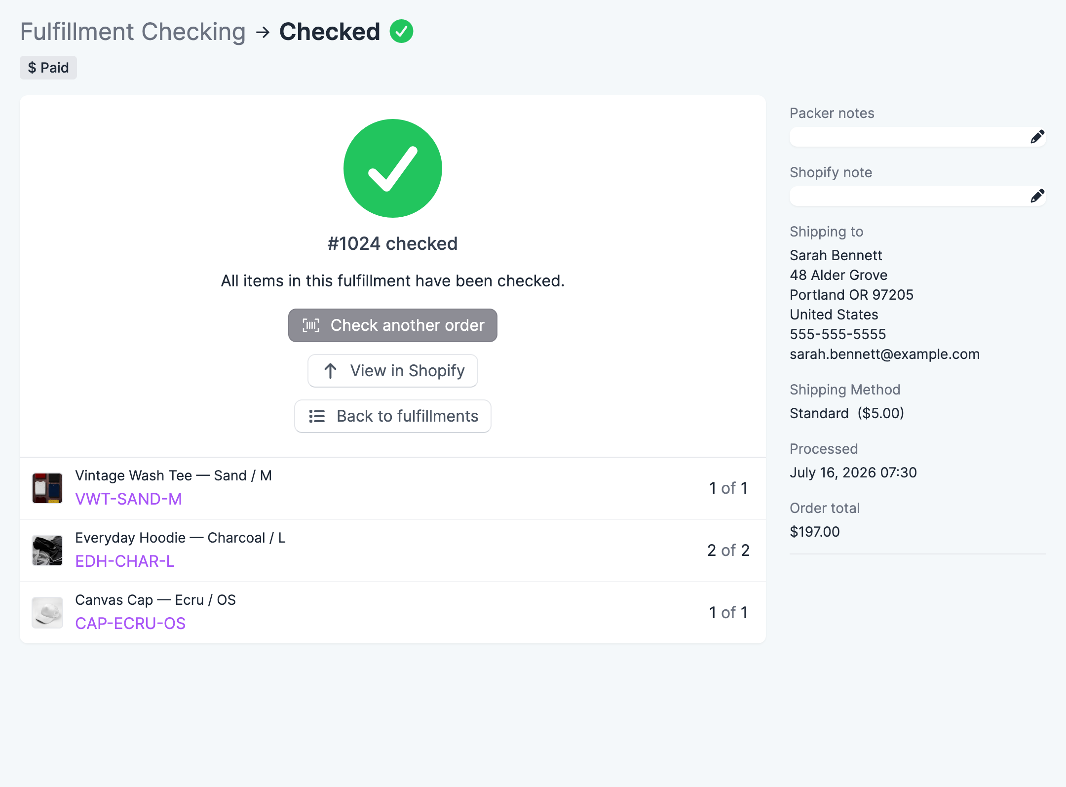 The "Checked" confirmation screen listing the verified items, with Check another order, View in Shopify and Back to fulfillments buttons