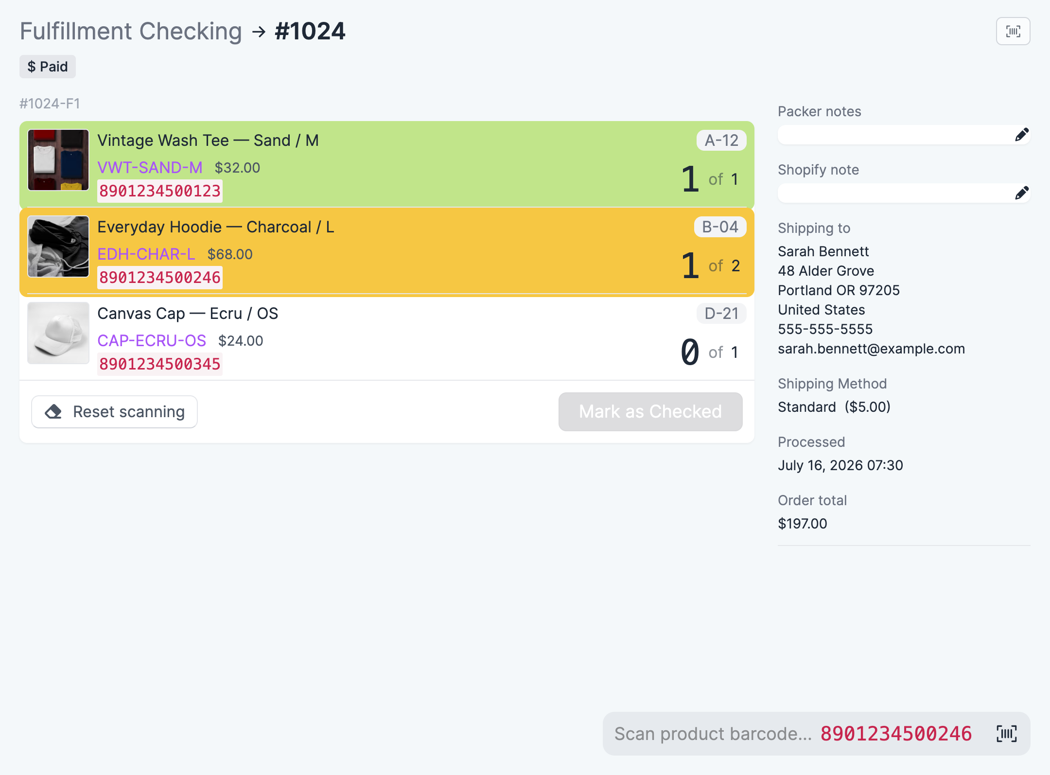 A fulfillment check in progress: the first item is fully scanned, the second shows 1 of 2, and one item is still to scan