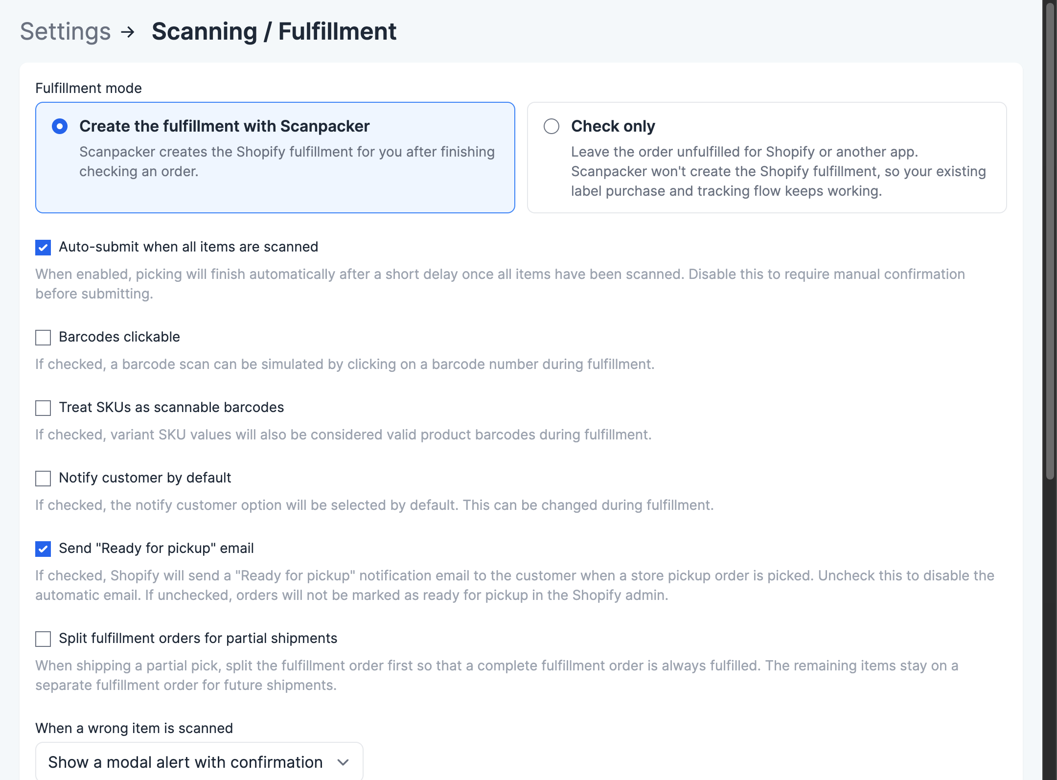 The Fulfillment mode setting in Settings > Scanning & Fulfillment, showing the two mode options as selectable cards