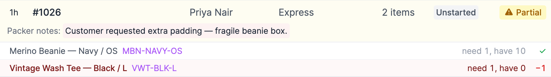 Order rows with line item breakdowns showing need/have quantities and shortfall indicators