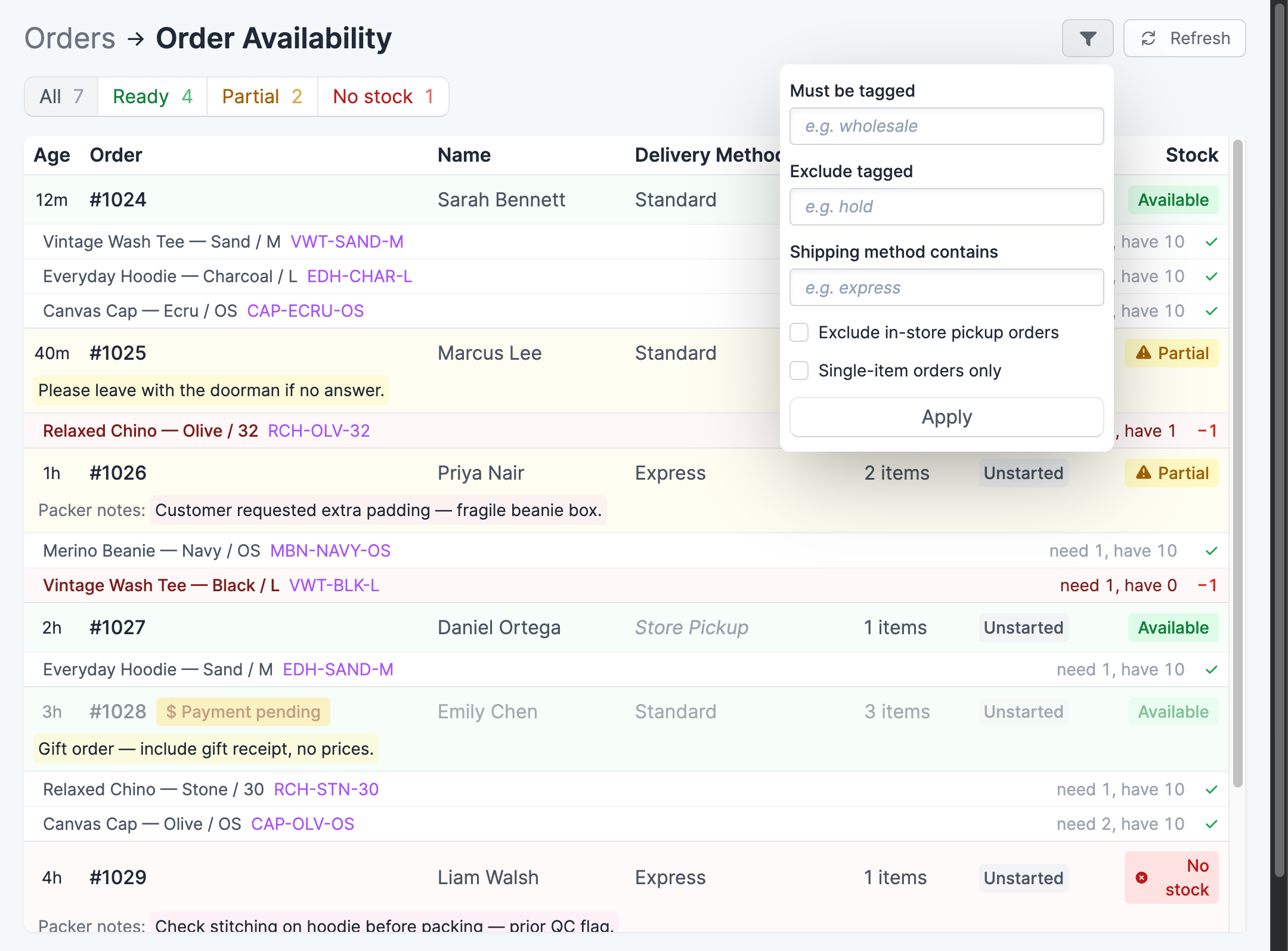 Filter dropdown showing the available filter options