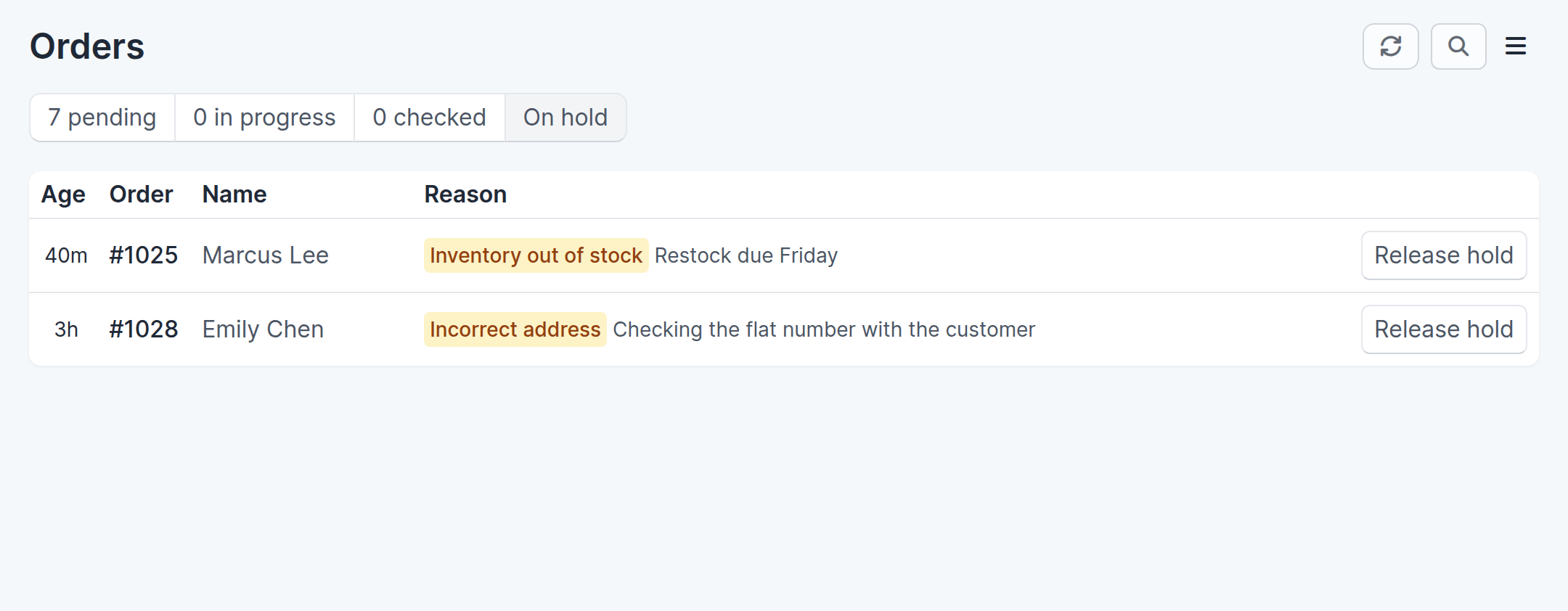 On hold tab listing two orders, each with its hold reason, note and a Release hold button