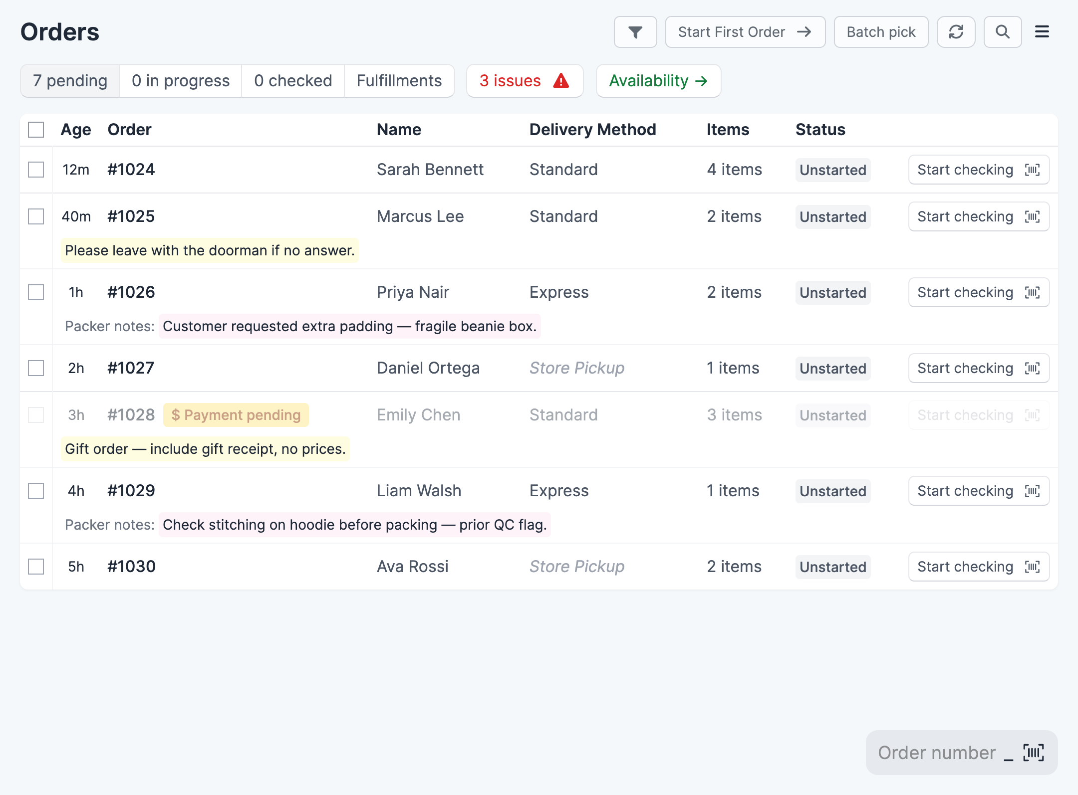 Order queue showing the pending tab with batch-pick checkboxes and columns for Age, Order, Name, Delivery Method, Items, and Status