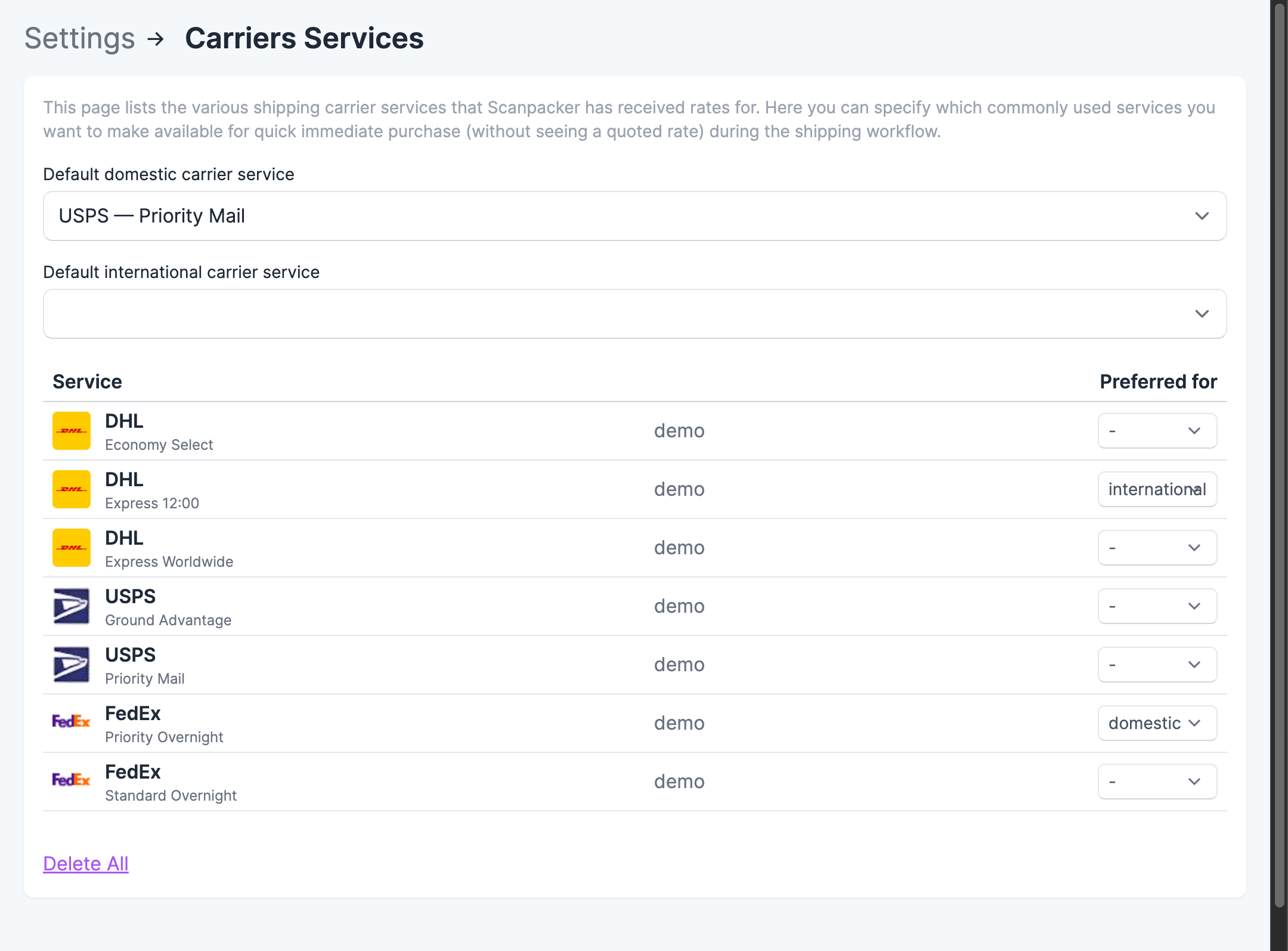 The Carrier Services settings page listing discovered services with preferred domestic and international dropdowns