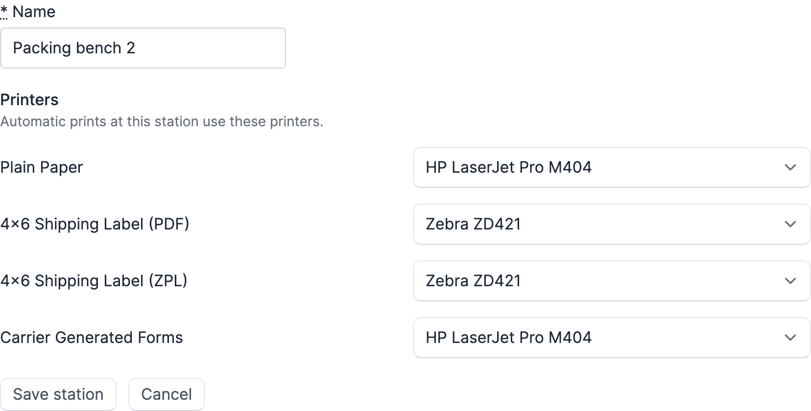 The New station form with a name and a printer chosen for each print type