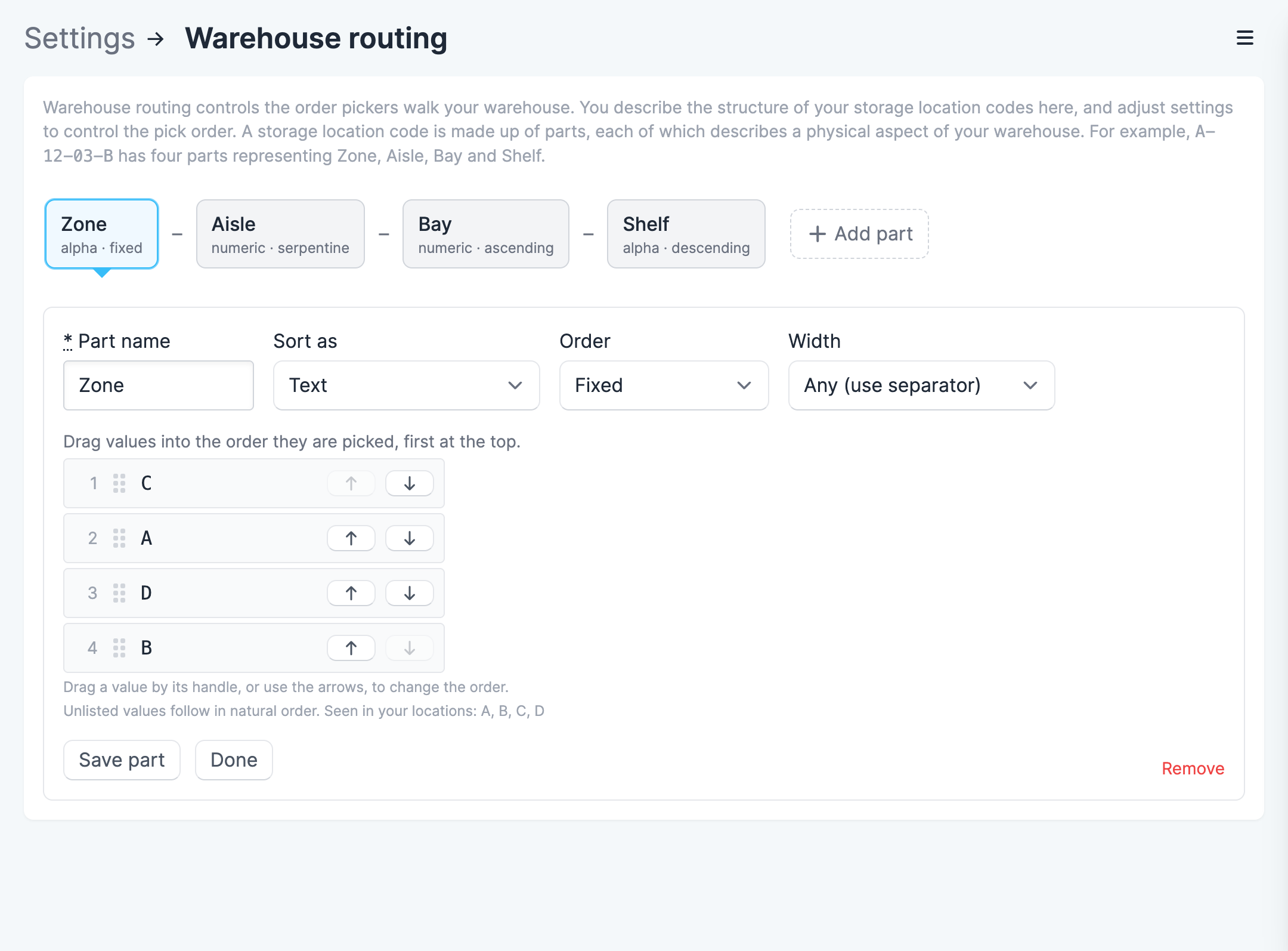 A four-part Zone / Aisle / Bay / Shelf routing format