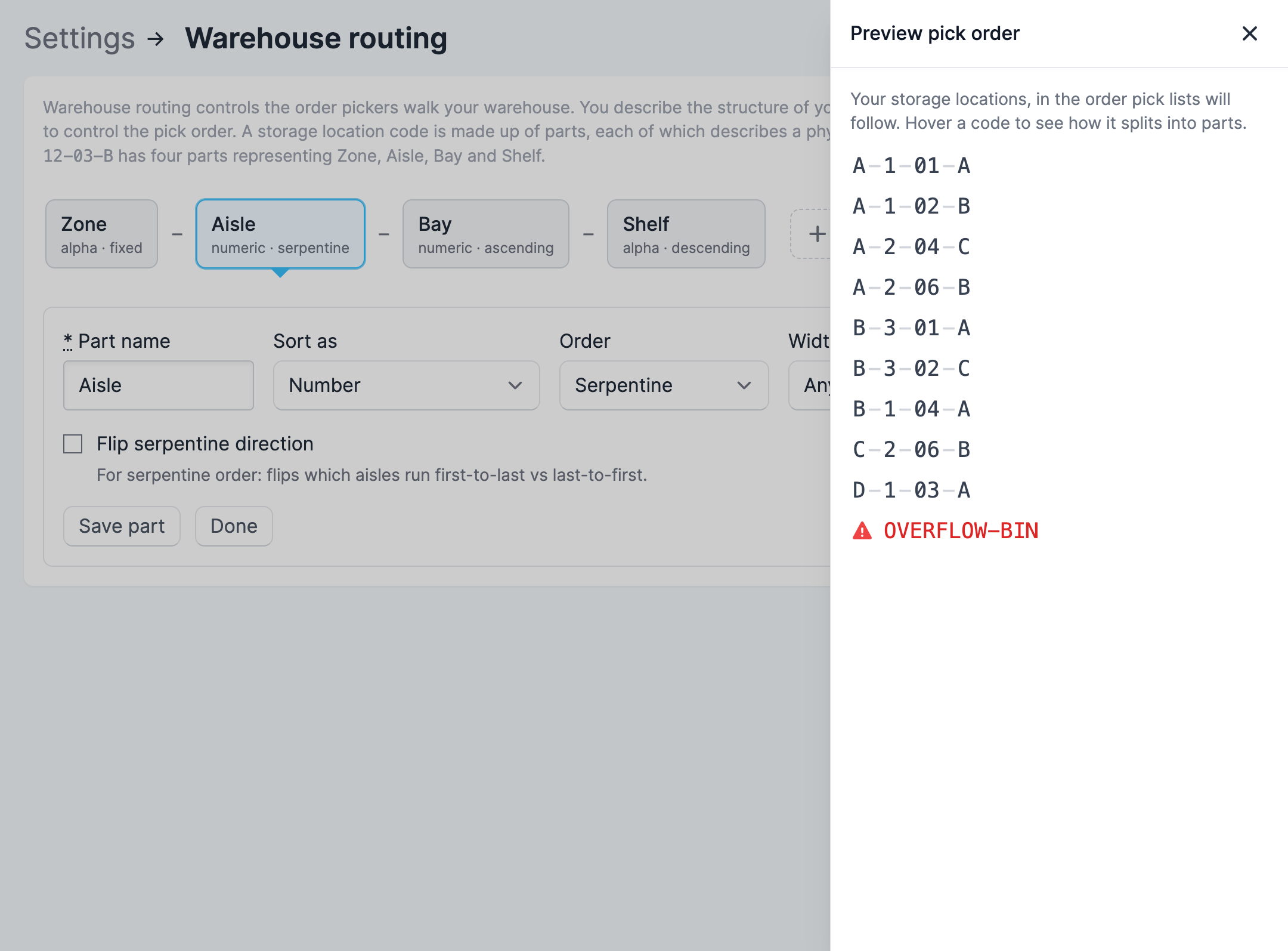 The pick order preview panel listing storage locations in pick order